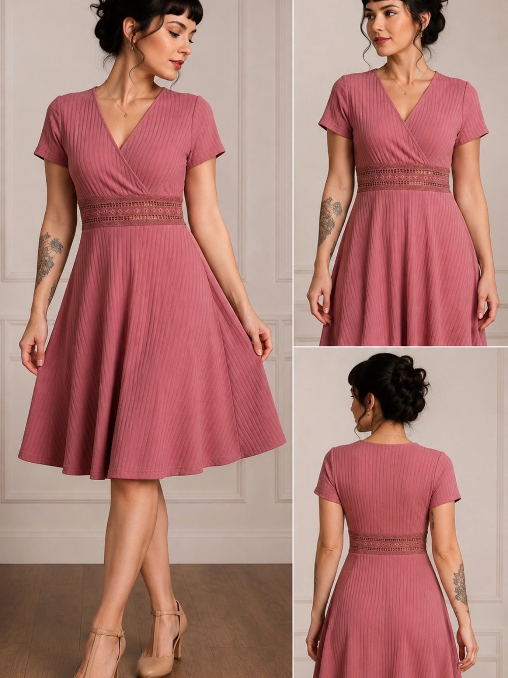 Dusty Rose V-Neck Short Sleeve Knit Dress with Lace Waist